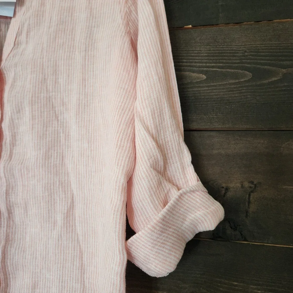 Martha Stewart 100% Linen Button-Front Tunic Top Pinstripe Pink White Small NWT
